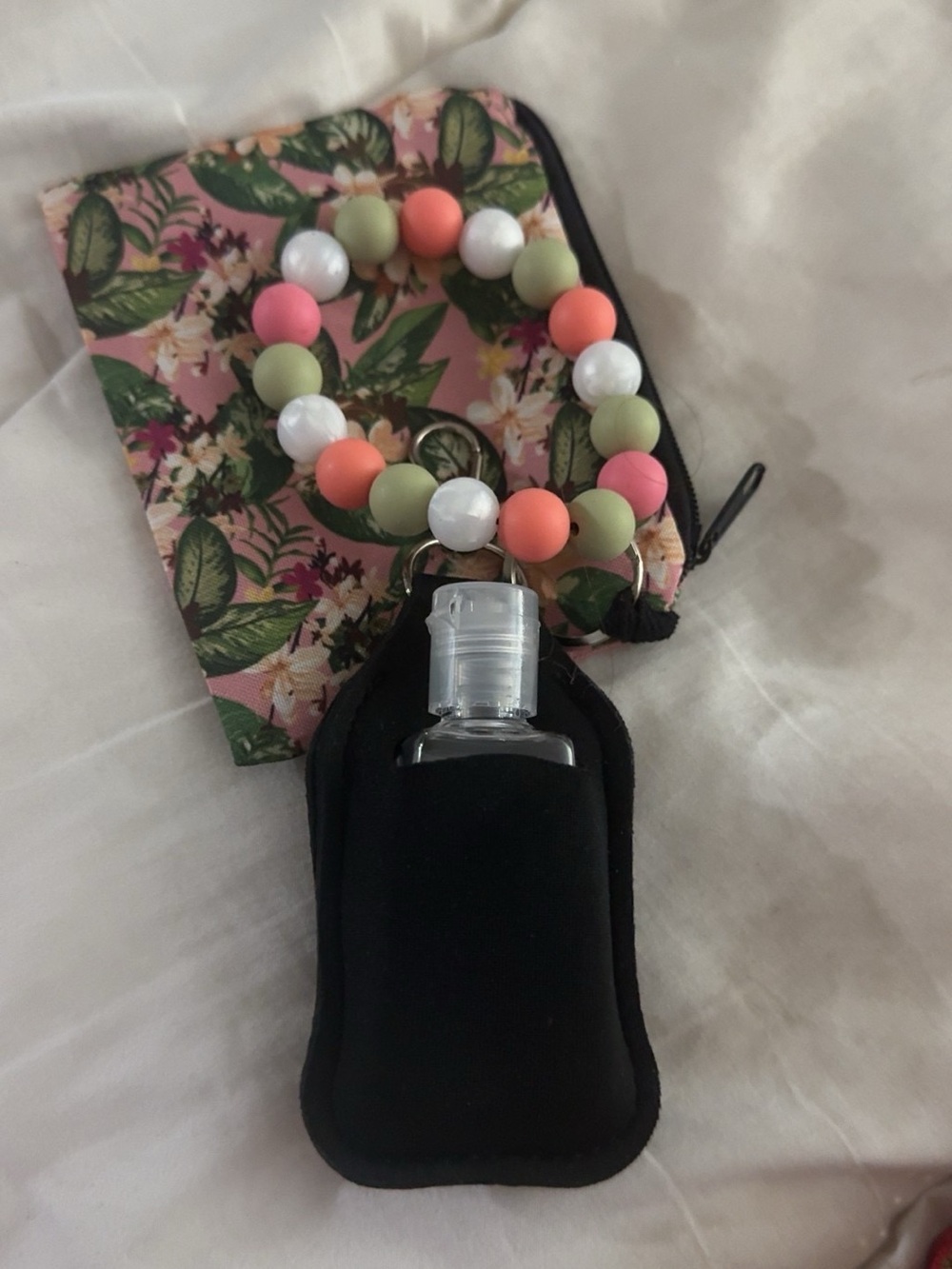 Beaded Hand Sanitizer Holder Wristlet - Pink, Coral, Sage & White
